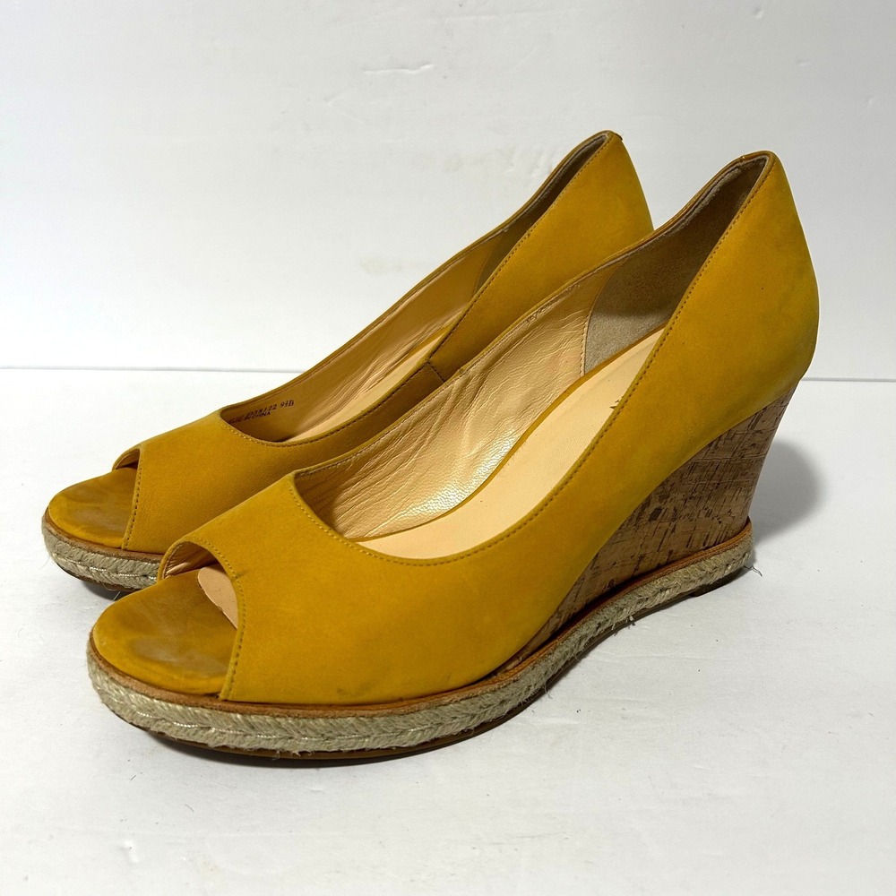 Cole Haan Peep Toe Wedges Women 9.5B Mustard Yellow Good Cork Espadrille D38122